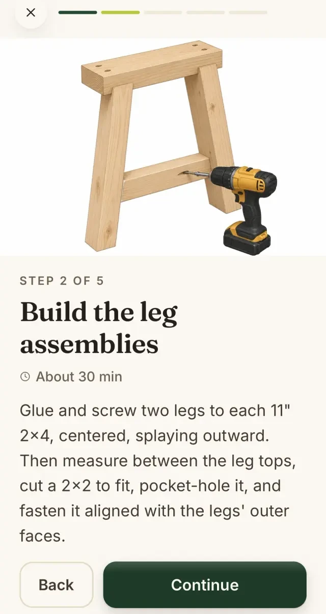 Visual instructions for building the leg assemblies of a wooden bench.