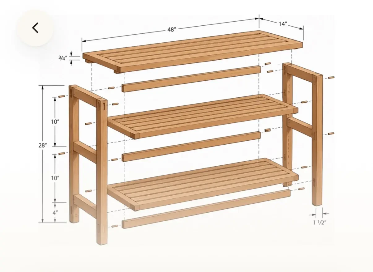 An exploded drawing of WoodKit’s two-tier wooden shoe rack, showing exact measurements and how each piece fits.
