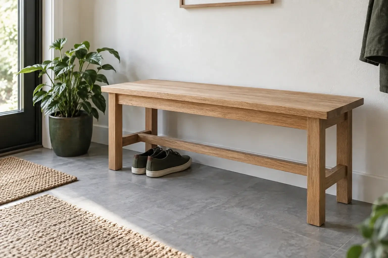 A finished handmade oak bench in a sunlit home, ready to be used every day.