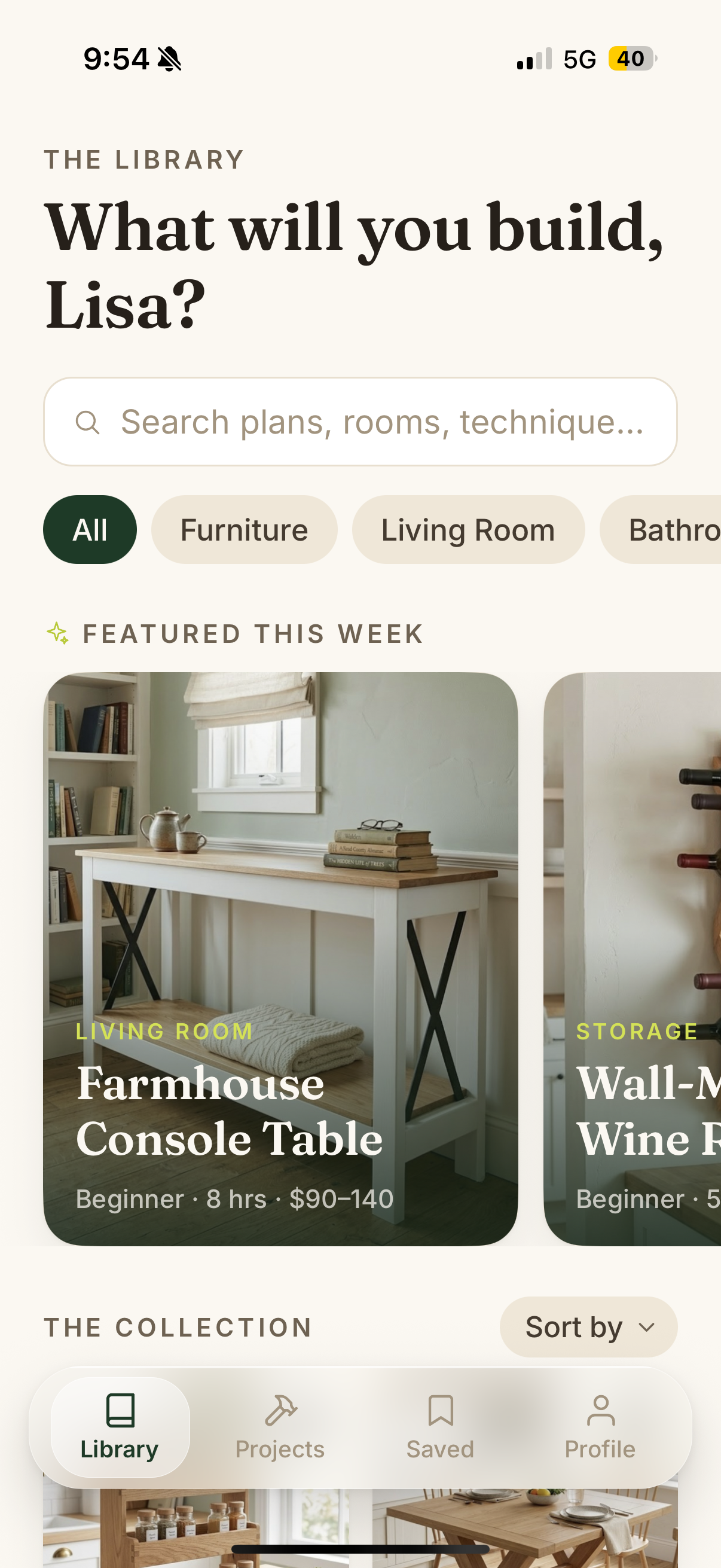 The WoodKit library asking ‘What will you build, Lisa?’, with featured furniture plans.