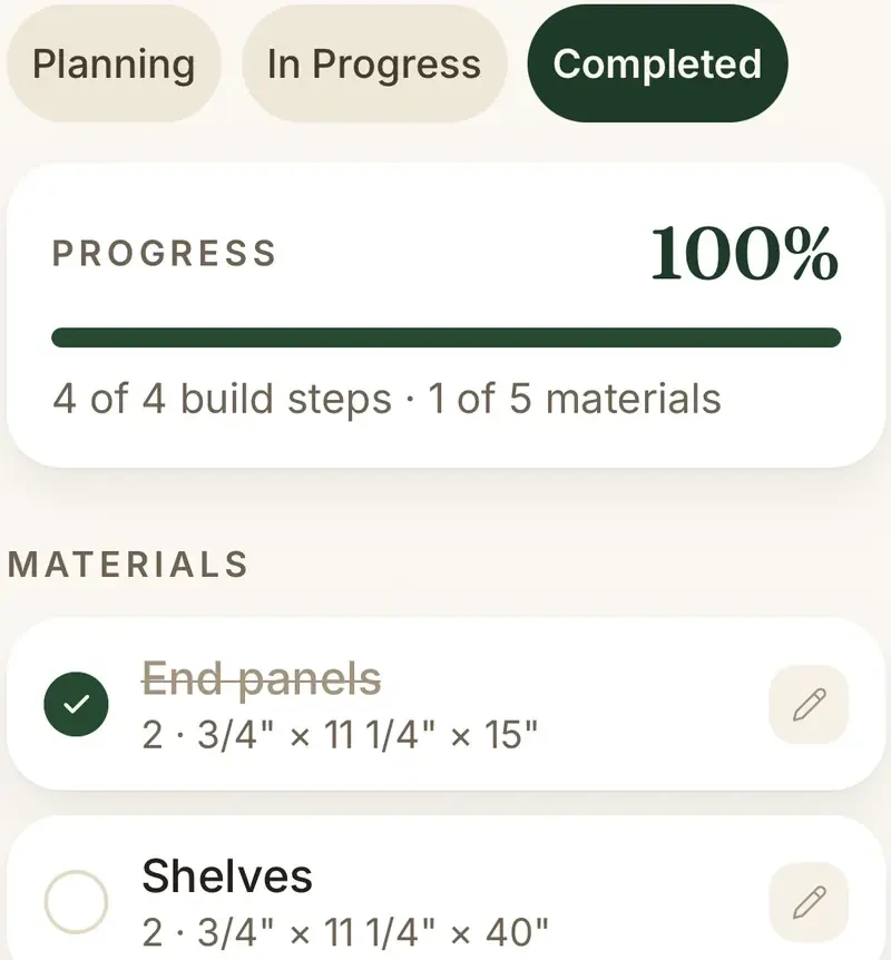 A project marked Completed, showing 100% progress, four of four build steps, and a materials checklist.