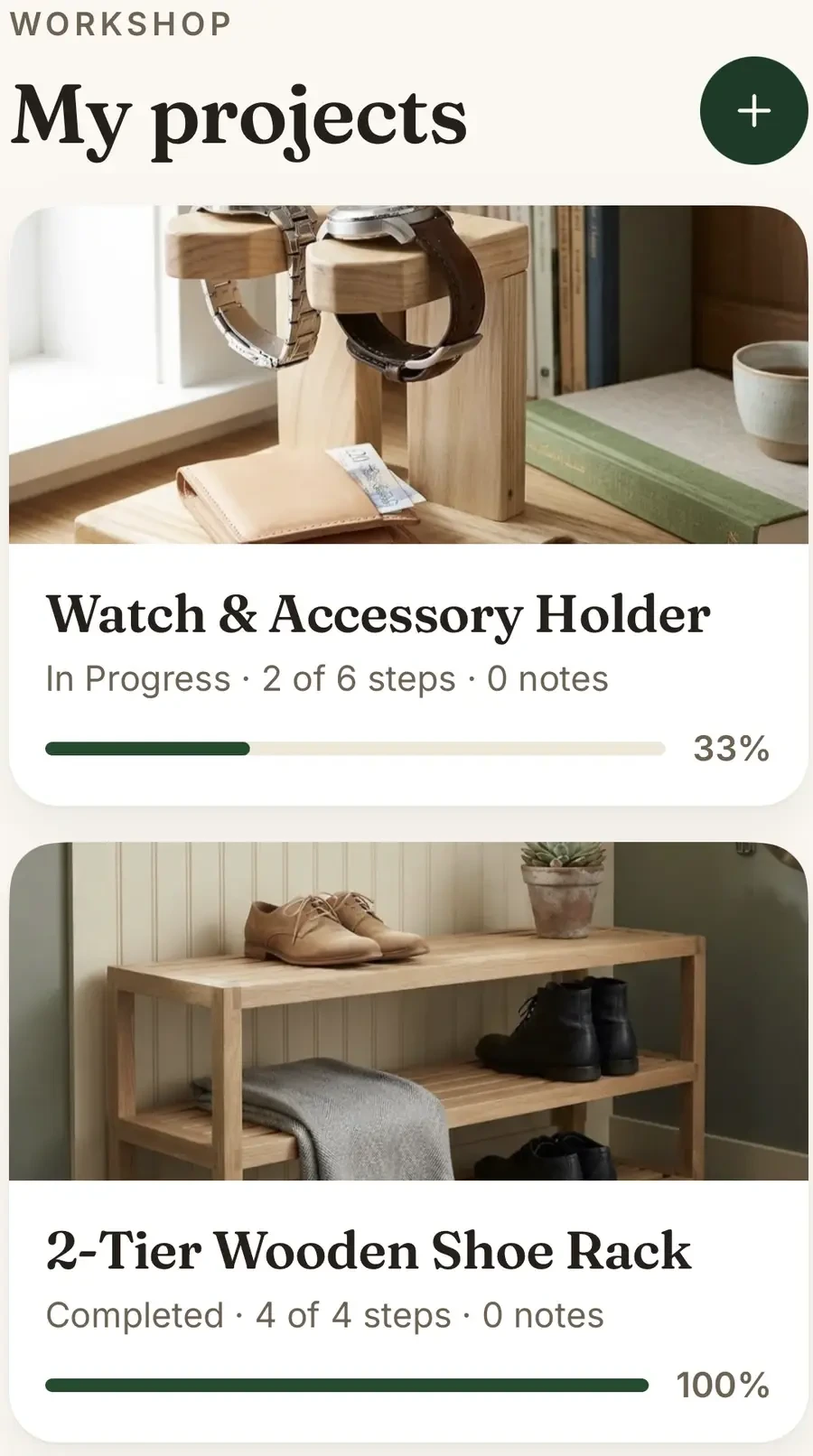 My projects: a Watch and Accessory Holder at 33% and a completed Wooden Shoe Rack at 100%.