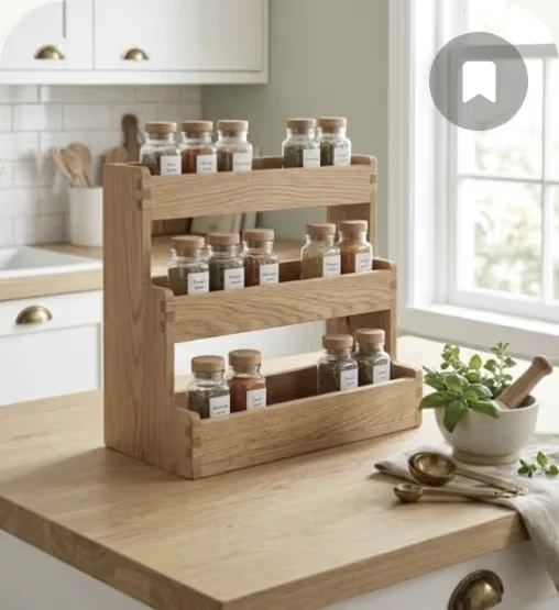 A tiered wooden spice rack on a sunny kitchen counter.